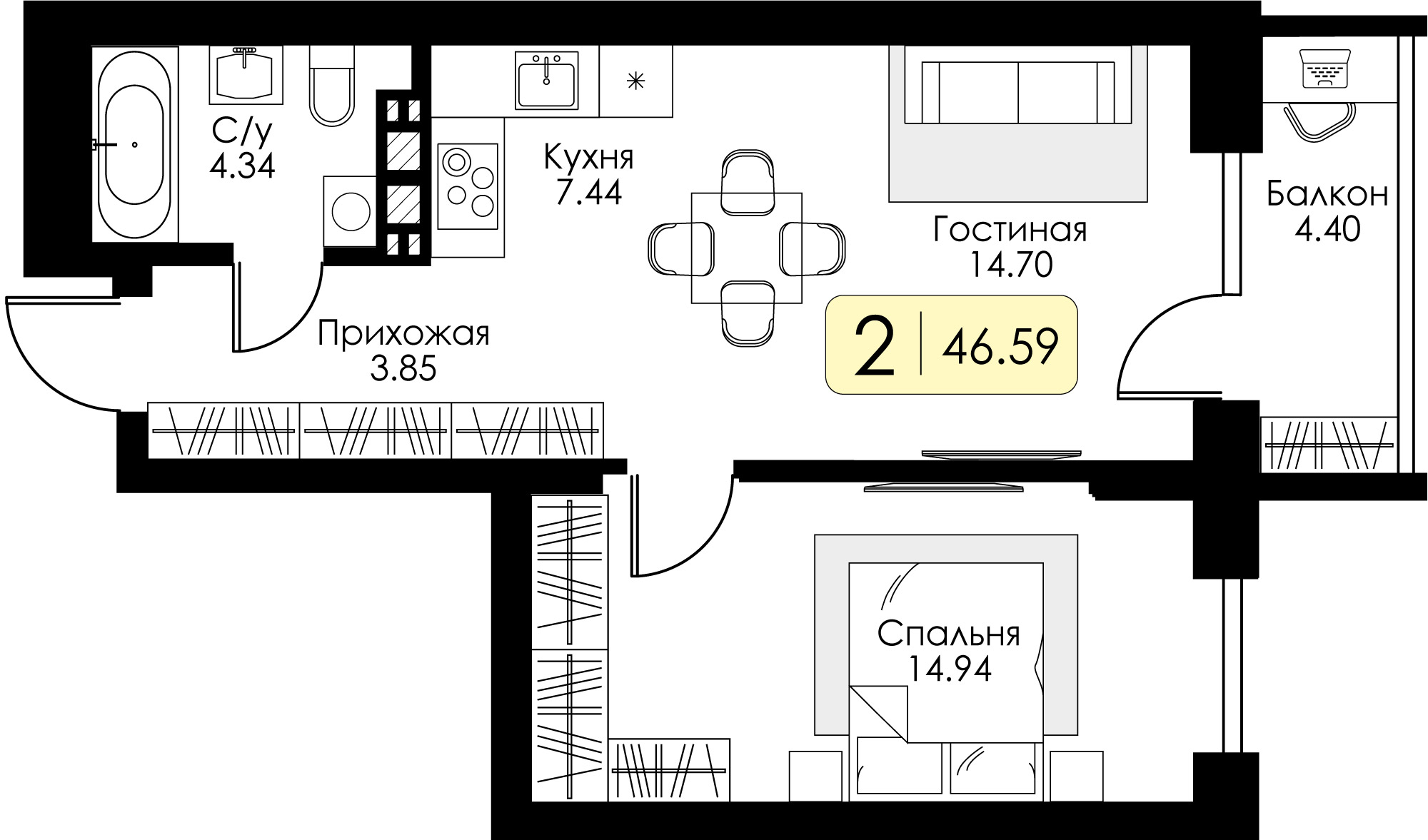 Однокомнатная квартира №3 с чистовой отделкой, Корпус №12, Секция 1