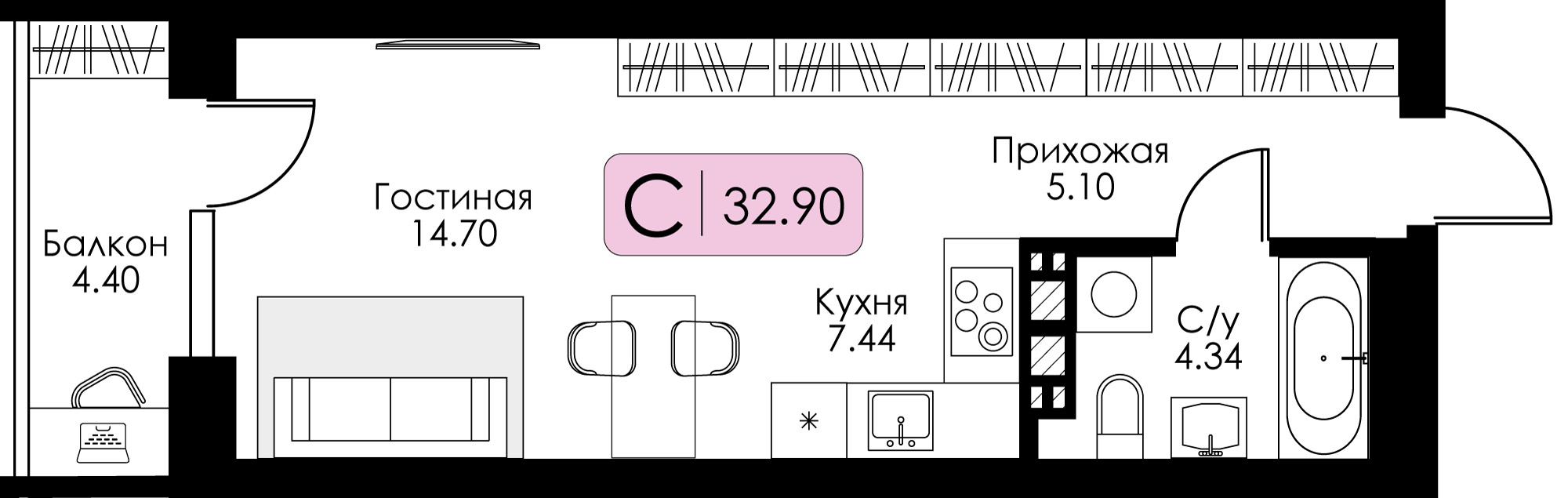 Квартира-студия №174 c черновой отделкой, Корпус №11, Секция 1