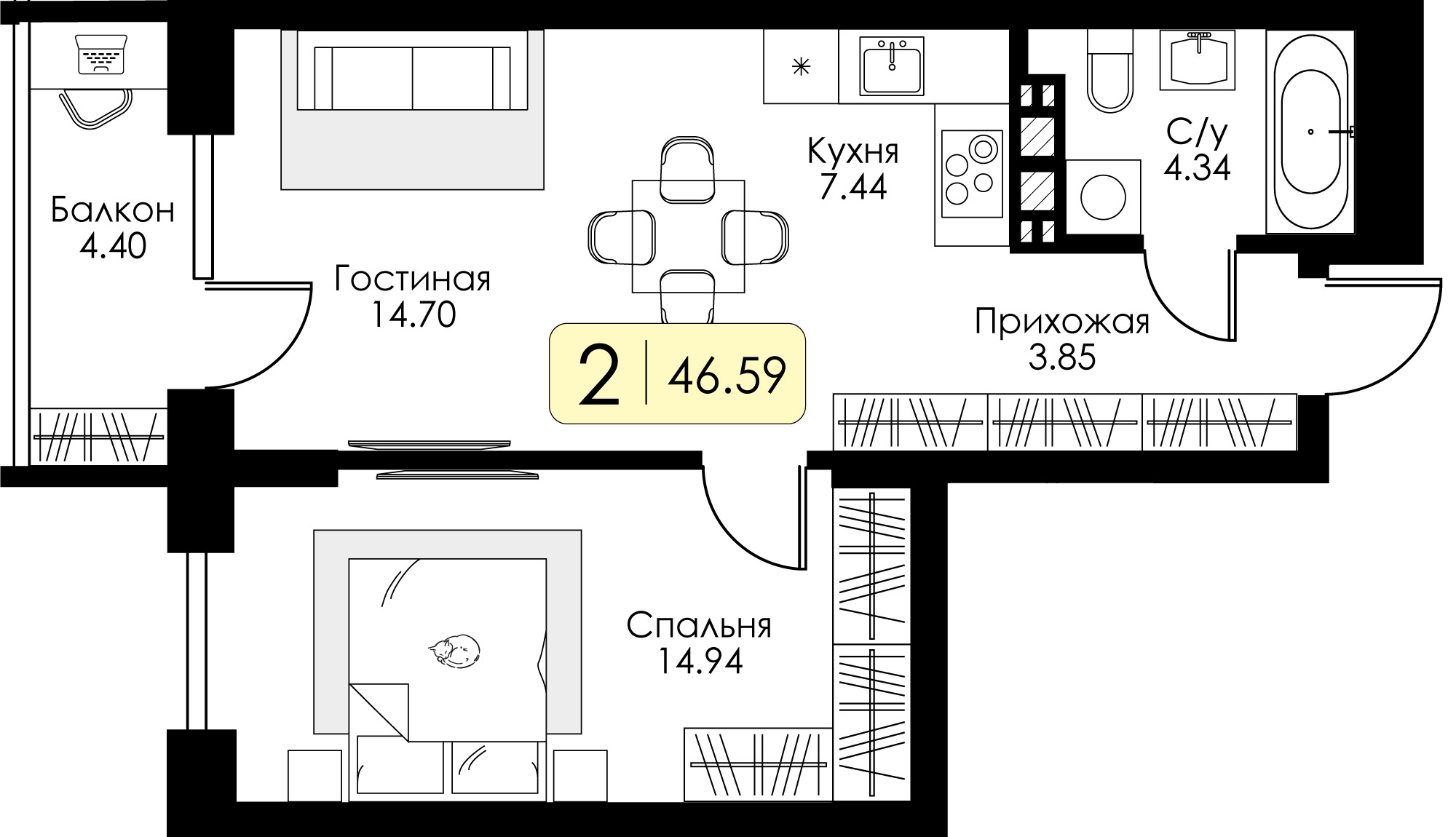 Однокомнатная квартира №74 c черновой отделкой, Корпус №11, Секция 1