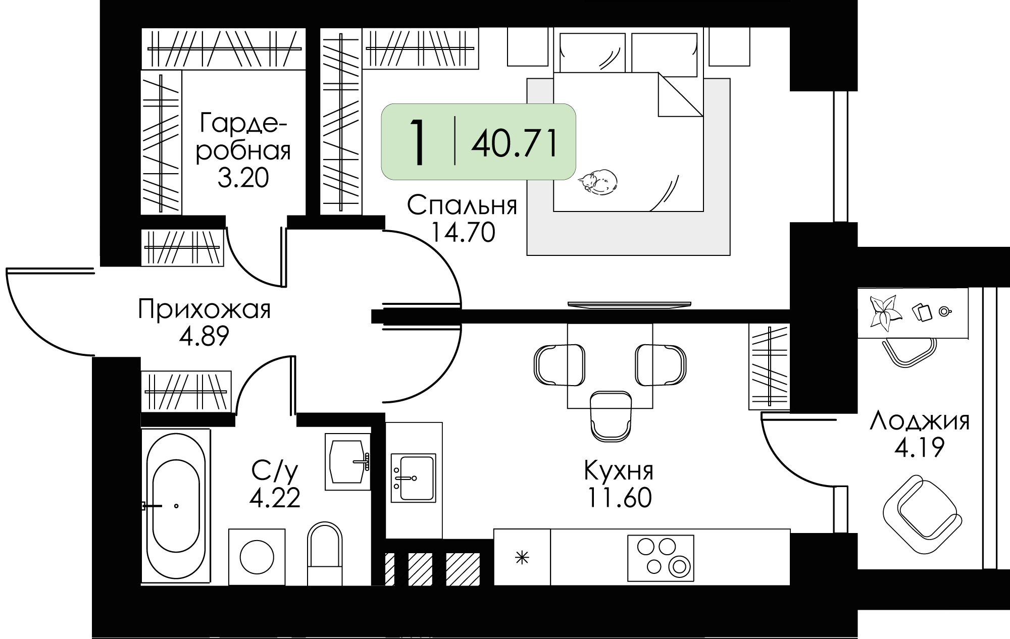 Однокомнатная квартира №44 с чистовой отделкой, Корпус дом №7, Секция 1