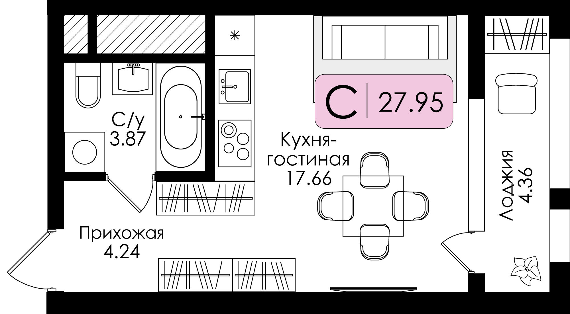 Квартира-студия №223 с чистовой отделкой, Корпус № 1, Секция 1