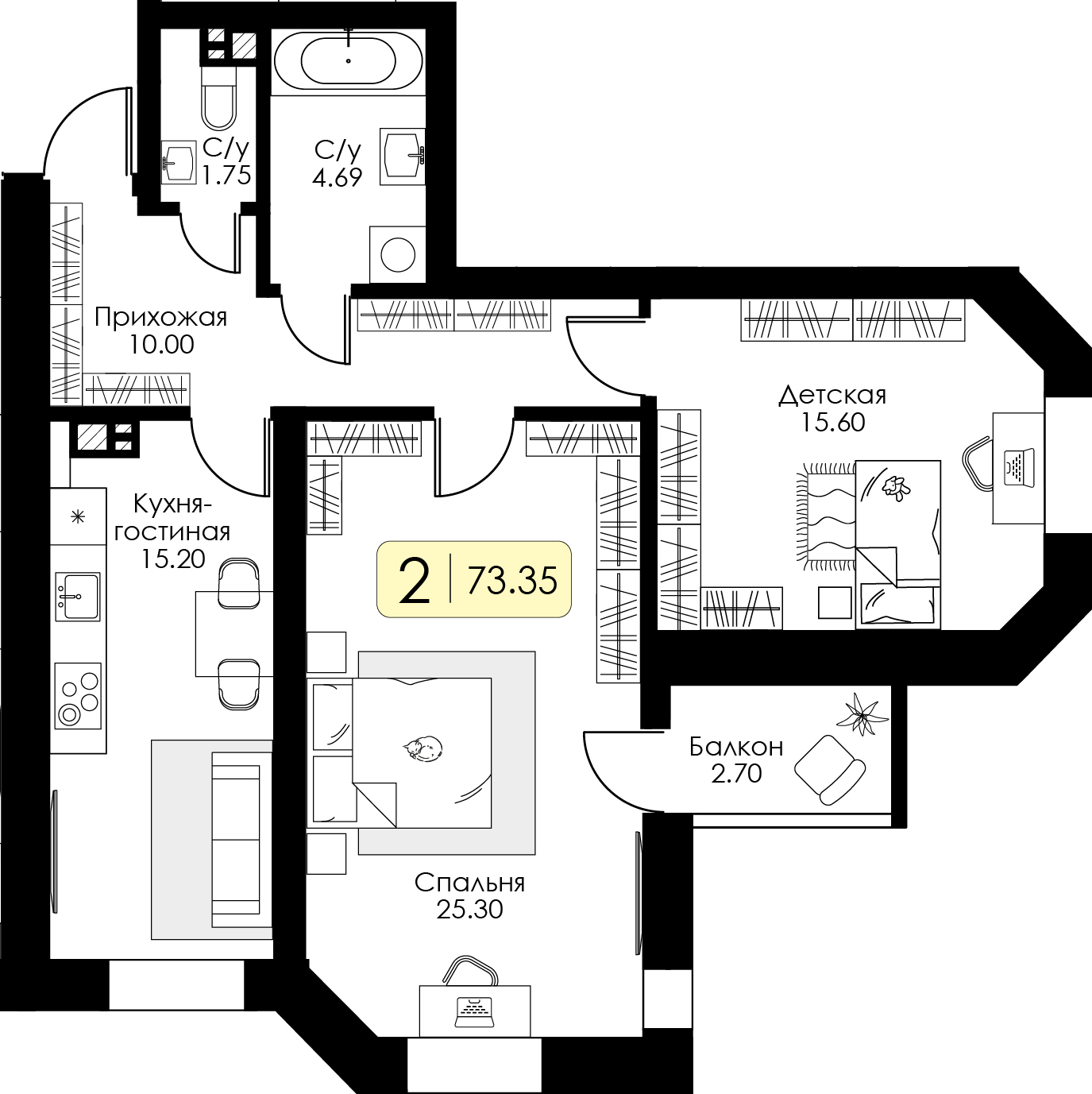 Двухкомнатная квартира № 114 