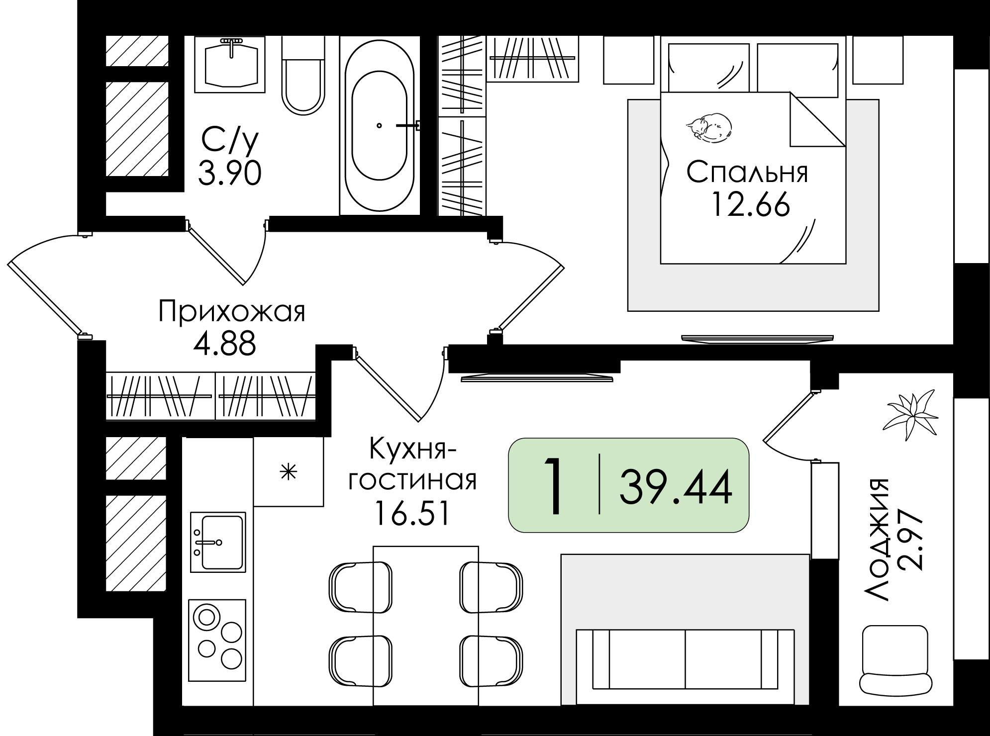 Однокомнатная квартира №84 с предчистовой отделкой, Корпус № 1, Секция 1