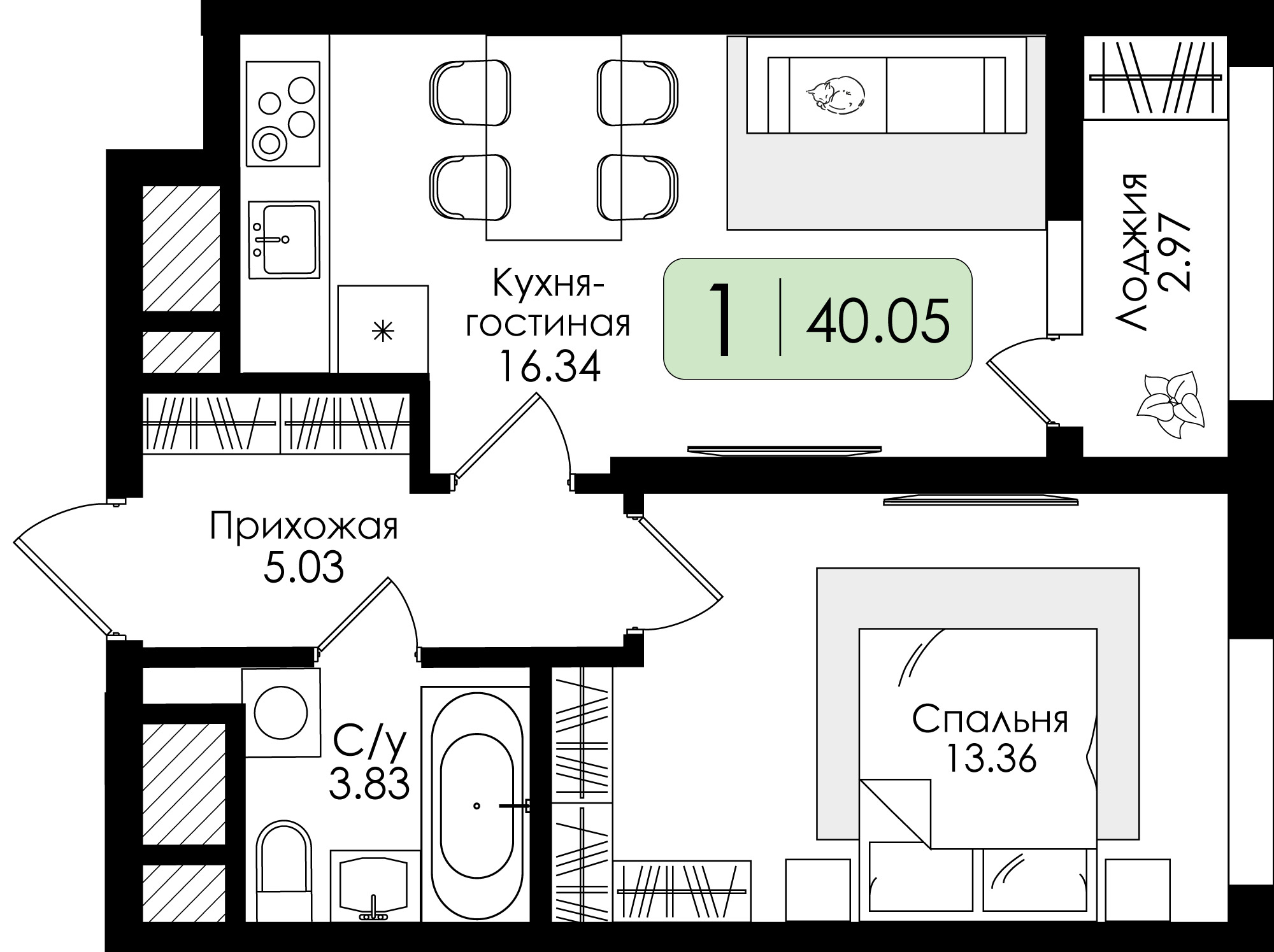 Однокомнатная квартира №205 с предчистовой отделкой, Корпус № 1, Секция 1