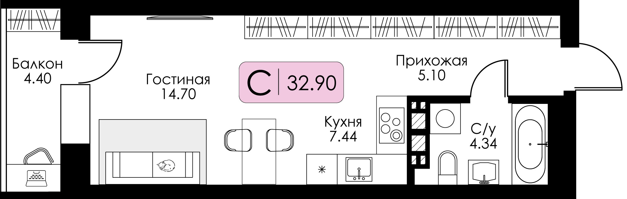 Квартира-студия №141 с предчистовой отделкой, Корпус №12, Секция 1