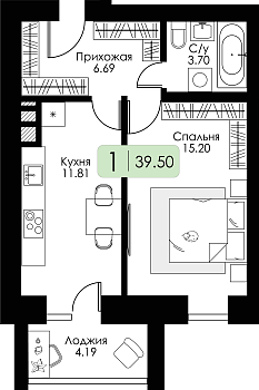 Однокомнатная квартира 39.5м², 10 этаж № 107