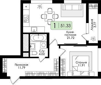 Однокомнатная квартира 51.33м², 6 этаж № 42