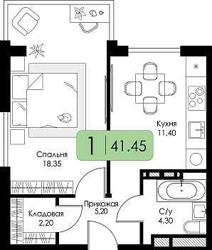 Однокомнатная квартира 41.45м², 14 этаж № 101