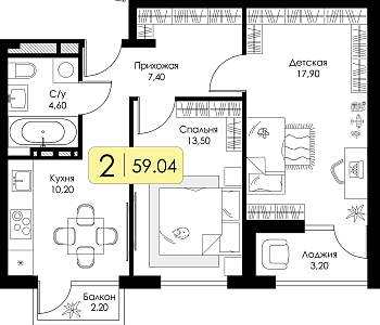 Двухкомнатная квартира 59.04м², 4 этаж № 21