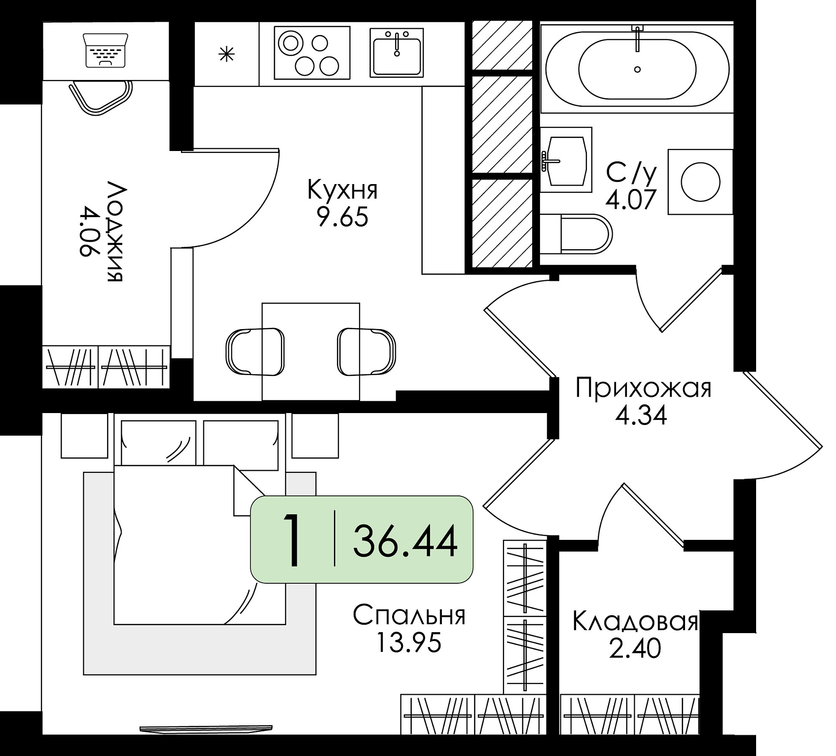 Однокомнатная квартира №125 с чистовой отделкой, Корпус № 2, Секция 1