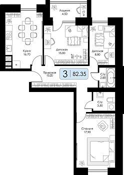 Трехкомнатная квартира 82.35м², 10 этаж № 46