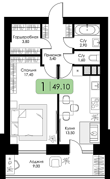 Однокомнатная квартира 49.1м², 3 этаж № 115