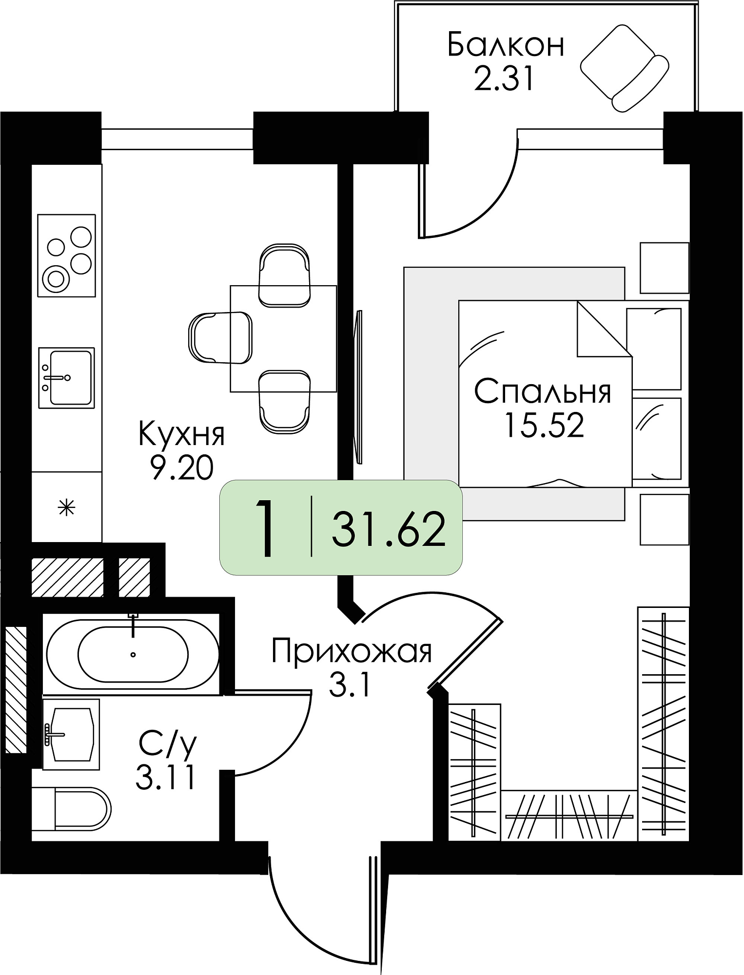 Однокомнатная квартира №30 c черновой отделкой, Корпус Дом №1, Секция 2