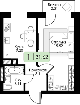 Однокомнатная квартира 31.62м², 4 этаж № 30