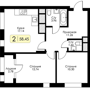 Двухкомнатная квартира №199