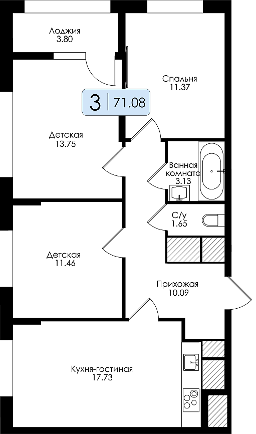 Трехкомнатная квартира №93 с чистовой отделкой, Корпус № 2, Секция 1