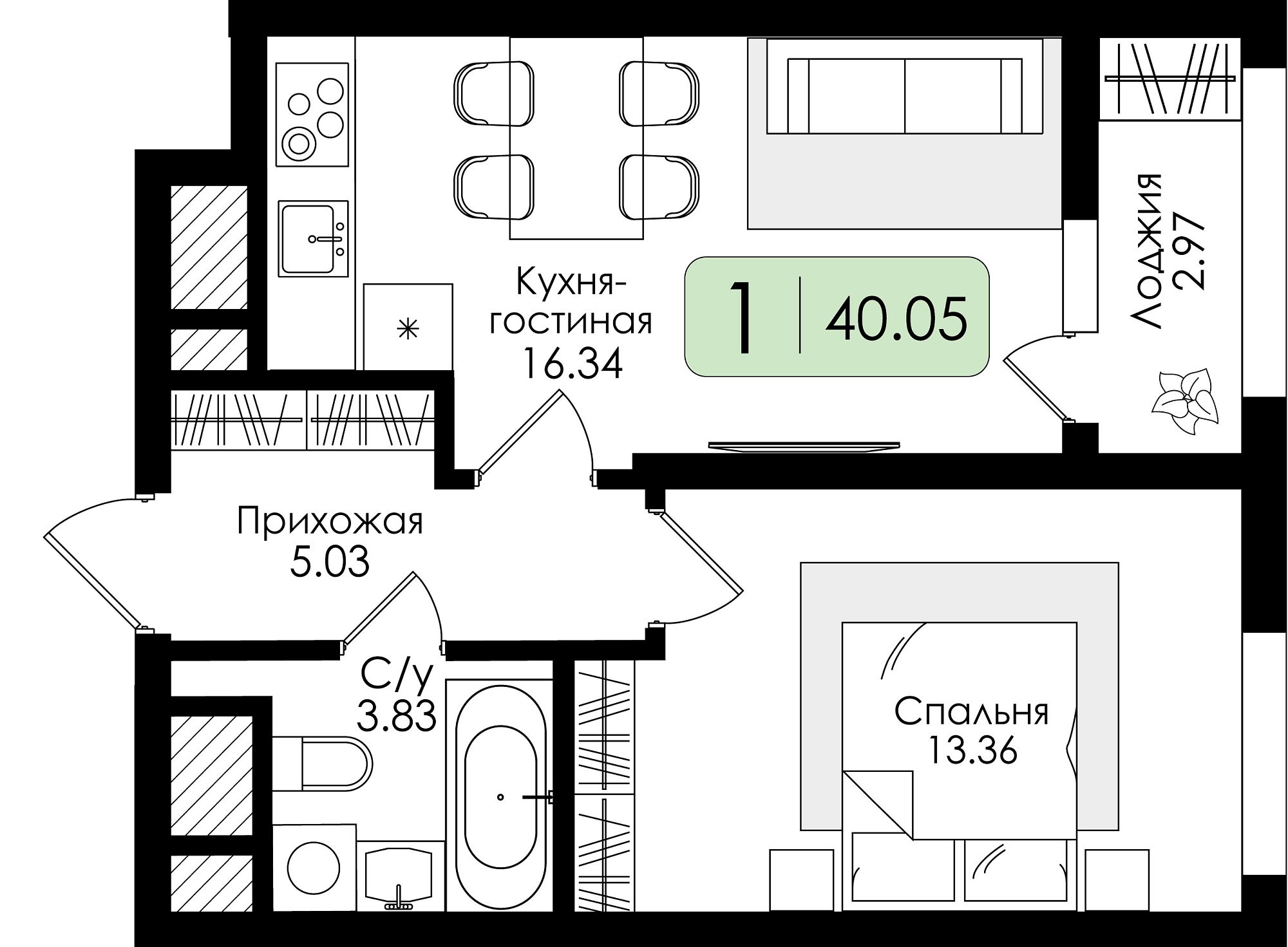 Однокомнатная квартира №225 с чистовой отделкой, Корпус № 1, Секция 1