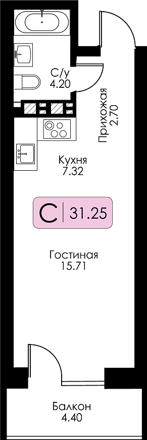 Квартира-студия №5 c черновой отделкой, Корпус №11, Секция 1