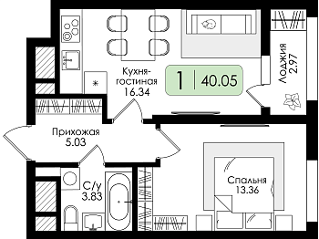 Однокомнатная квартира 40.05м², 13 этаж № 115