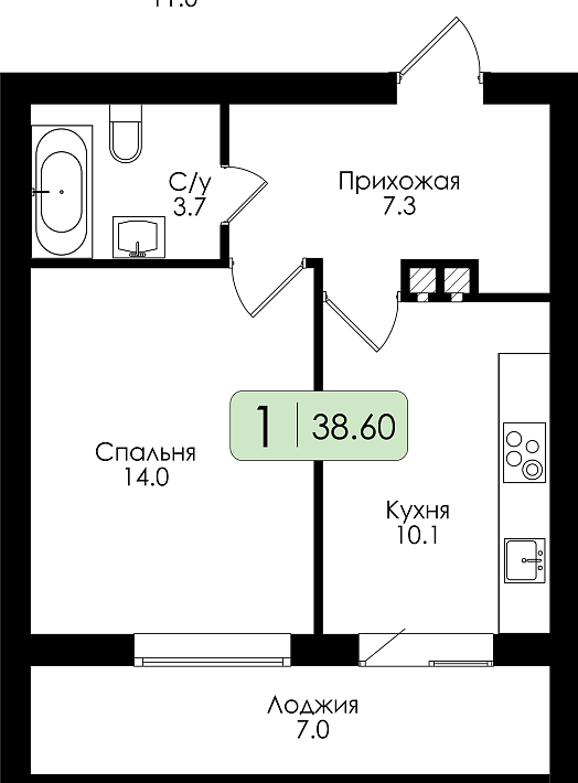 Однокомнатная квартира №51 c черновой отделкой, Корпус Дом №1, Секция 3