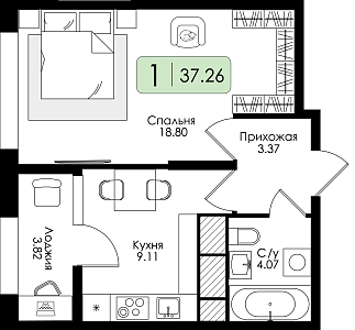 Однокомнатная квартира 37.26м², 25 этаж № 282