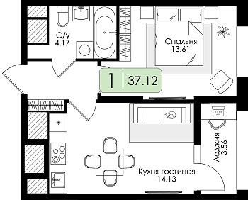 Однокомнатная квартира № 74 