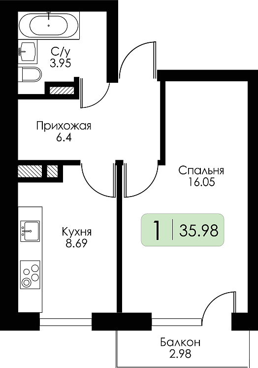 Однокомнатная квартира №4 c черновой отделкой, Корпус Дом №1, Секция 1