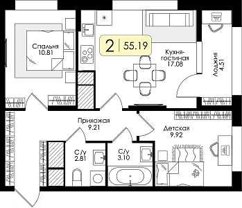 Двухкомнатная квартира 55.19м², 9 этаж № 94