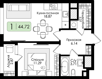 Однокомнатная квартира № 69 