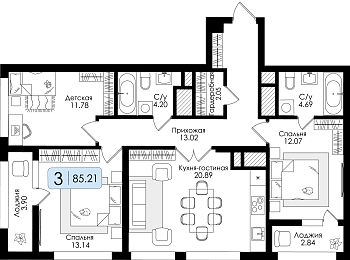 Трехкомнатная квартира 85.21м², 15 этаж № 137