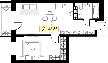 Однокомнатная квартира 46.59м², 4 этаж № 30