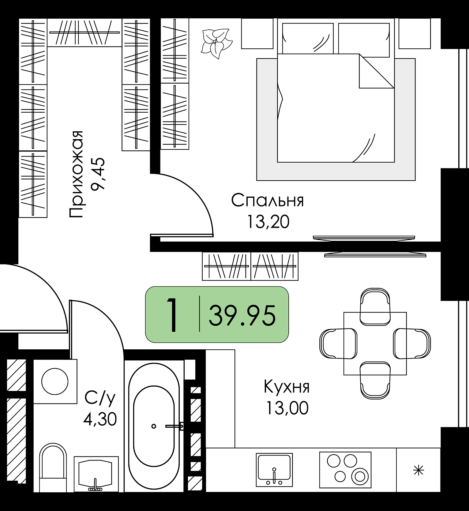 Однокомнатная квартира №132 c черновой отделкой, Корпус А, Секция 2