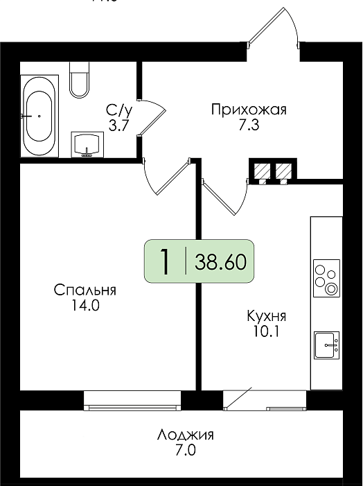 Однокомнатная квартира №11 c черновой отделкой, Корпус Дом №1, Секция 1