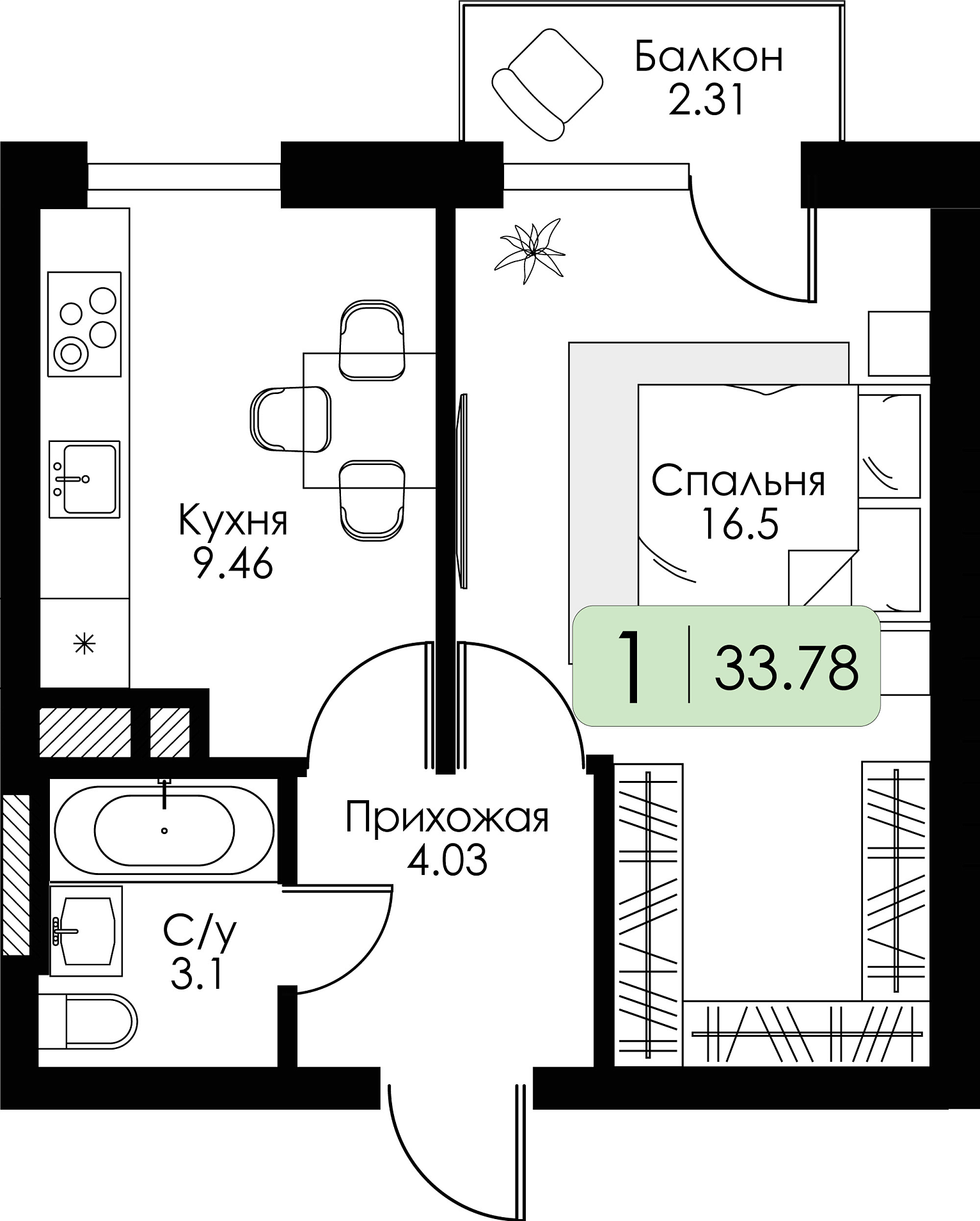 Однокомнатная квартира №6 c черновой отделкой, Корпус Дом №1, Секция 1