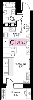 Квартира-студия 31.25м², 8 этаж № 71