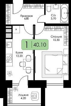 Однокомнатная квартира 40.1м², 1 этаж № 52