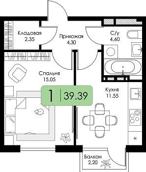 Однокомнатная квартира 39.39м², 3 этаж № 14