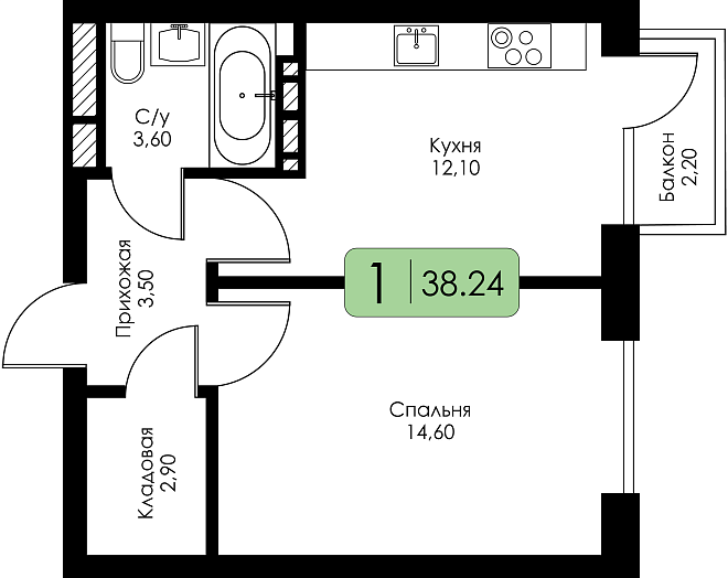 Однокомнатная квартира №113 с чистовой отделкой, Корпус А, Секция 2