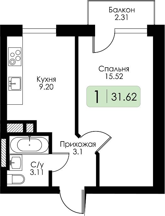 Однокомнатная квартира №20 c черновой отделкой, Корпус Дом №1, Секция 2