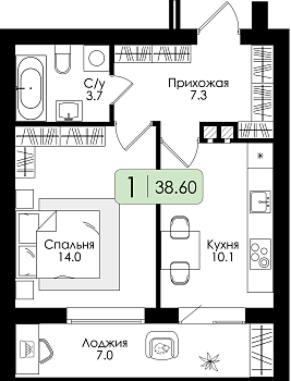 Однокомнатная квартира 38.6м², 3 этаж № 31