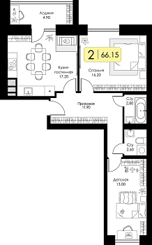 Двухкомнатная квартира 66.15м², 2 этаж № 56