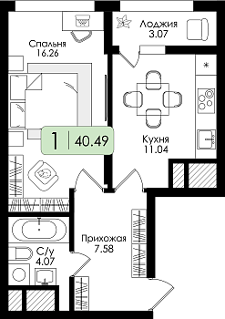 Однокомнатная квартира 40.49м², 22 этаж № 201