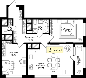 Двухкомнатная квартира 67.91м², 15 этаж № 136