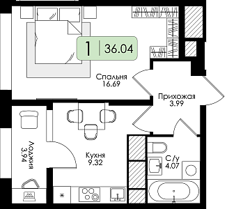 Однокомнатная квартира 36.04м², 9 этаж № 92