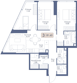 Трехкомнатная квартира № 612 