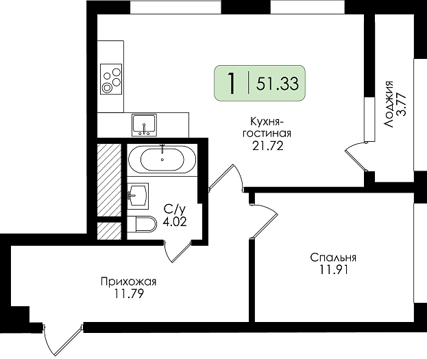 Однокомнатная квартира №222 с чистовой отделкой, Корпус № 1, Секция 1