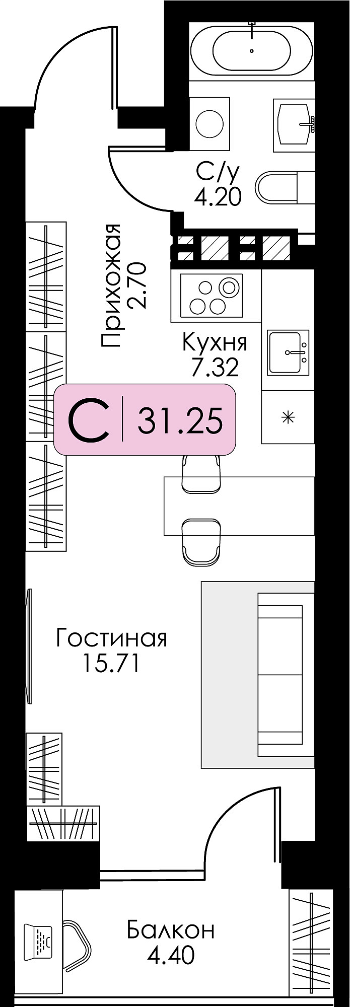 Квартира-студия №72 с предчистовой отделкой, Корпус №12, Секция 1