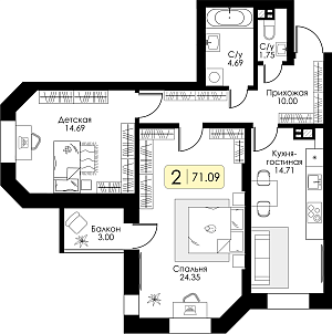 Двухкомнатная квартира 71.09м², 4 этаж № 29