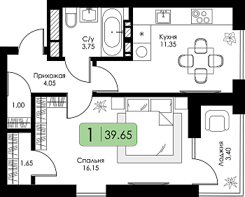 Однокомнатная квартира 39.65м², 6 этаж № 160