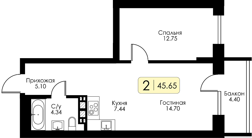 Двухкомнатная квартира №134 с предчистовой отделкой, Корпус №12, Секция 1